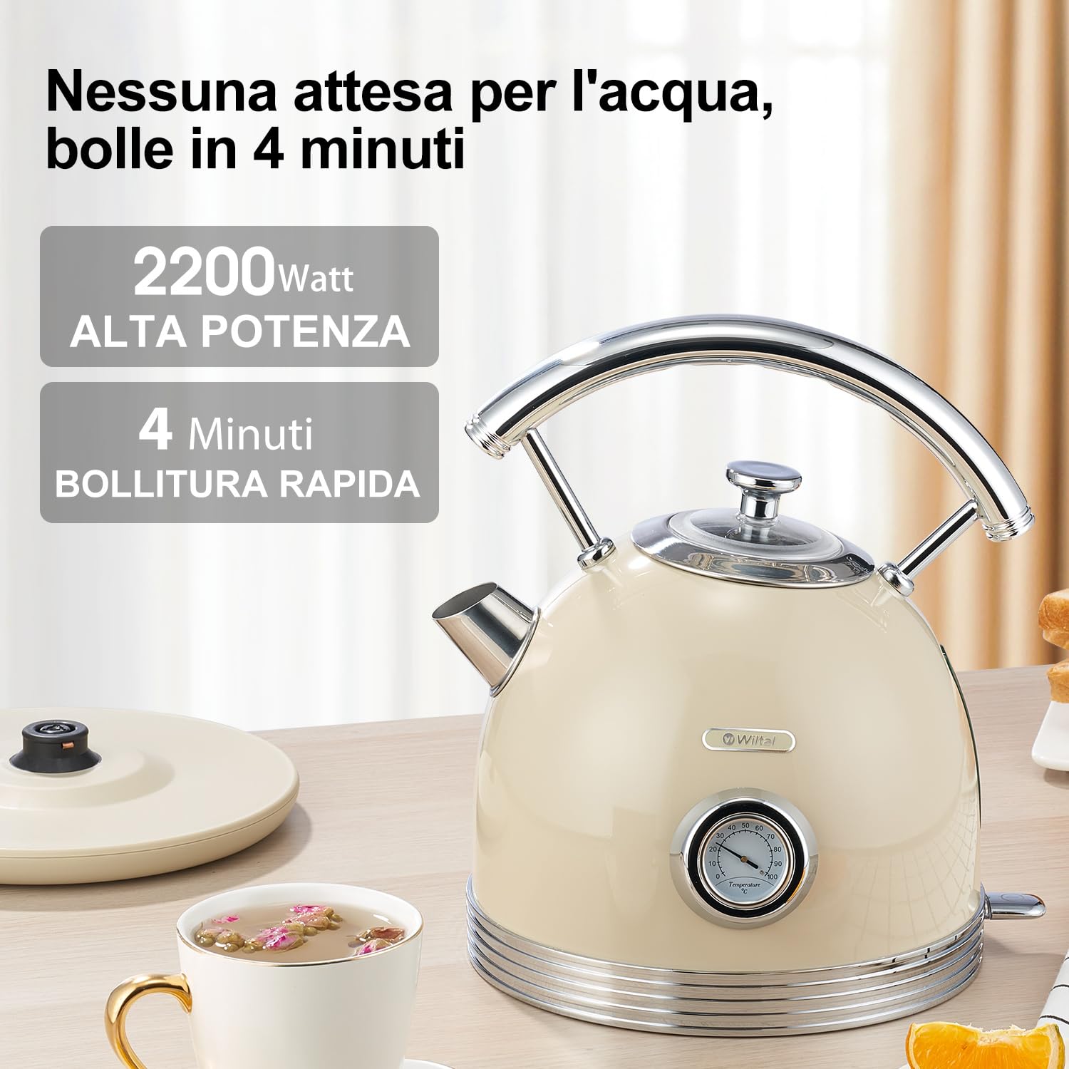 Wiltal Bollitore elettrico retrò, in acciaio inox, 2200 W, 1,8 litri, ideale per tè, caffè, alimenti per bambini, senza BPA