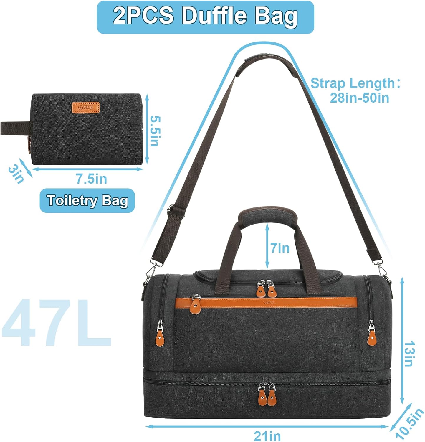 Duffle Bag for Travel, Expandable 50L Canvas Weekender Bag, Overnight Bag Travel Duffel Bag for Men Carry On Luggage with Removable Shoulder Strap, Durable & Water-Resistant - Image 5