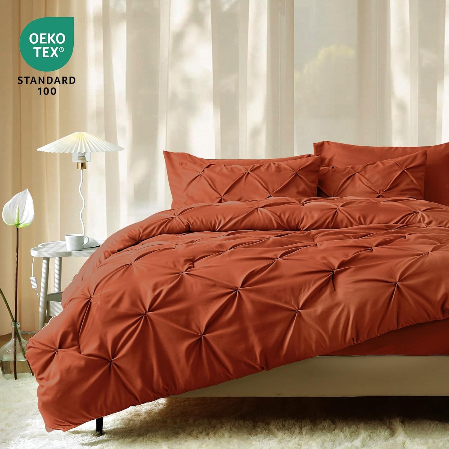 JOLLYVOGUE Queen Comforter Set 7 Pieces - Bed in a Bag Queen for All Season, Pintuck Bedding Comforter Sets with Comforter, Flat Sheet, Fitted Sheet and Pillowcases & Shams, Burnt Orange - Image 6