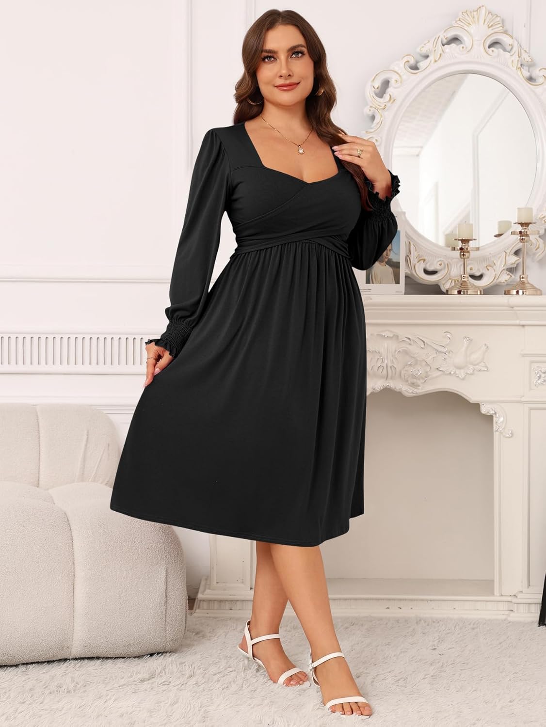 AMCLOS Women's Plus Size Casual Dress 2 Pockets Square Neck Back-Tie Crosswrap Bodice Elegant Work Business Long Sleeve - Image 4