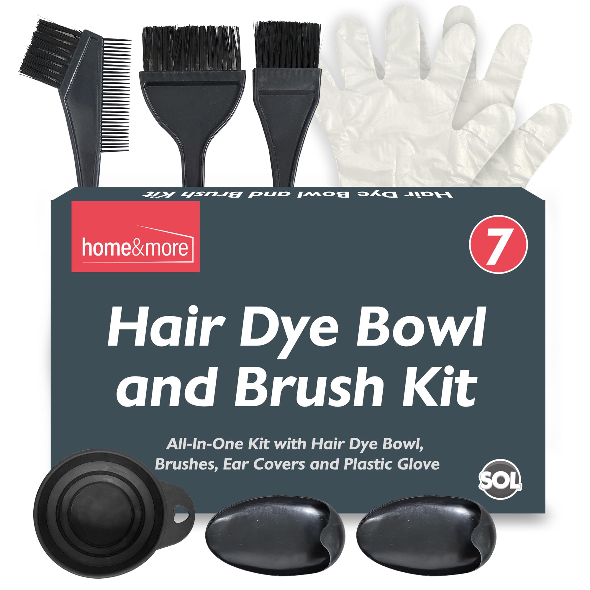 SOL 7pcs Hair Dye Bowl and Brush Kit - Complete Set for At-Home Hair Colouring - Includes Mixing Bowl, Brushes, Gloves, Ear Covers - Easy-Grip Design, Smooth Application, Reusable, Easy to Clean Tools