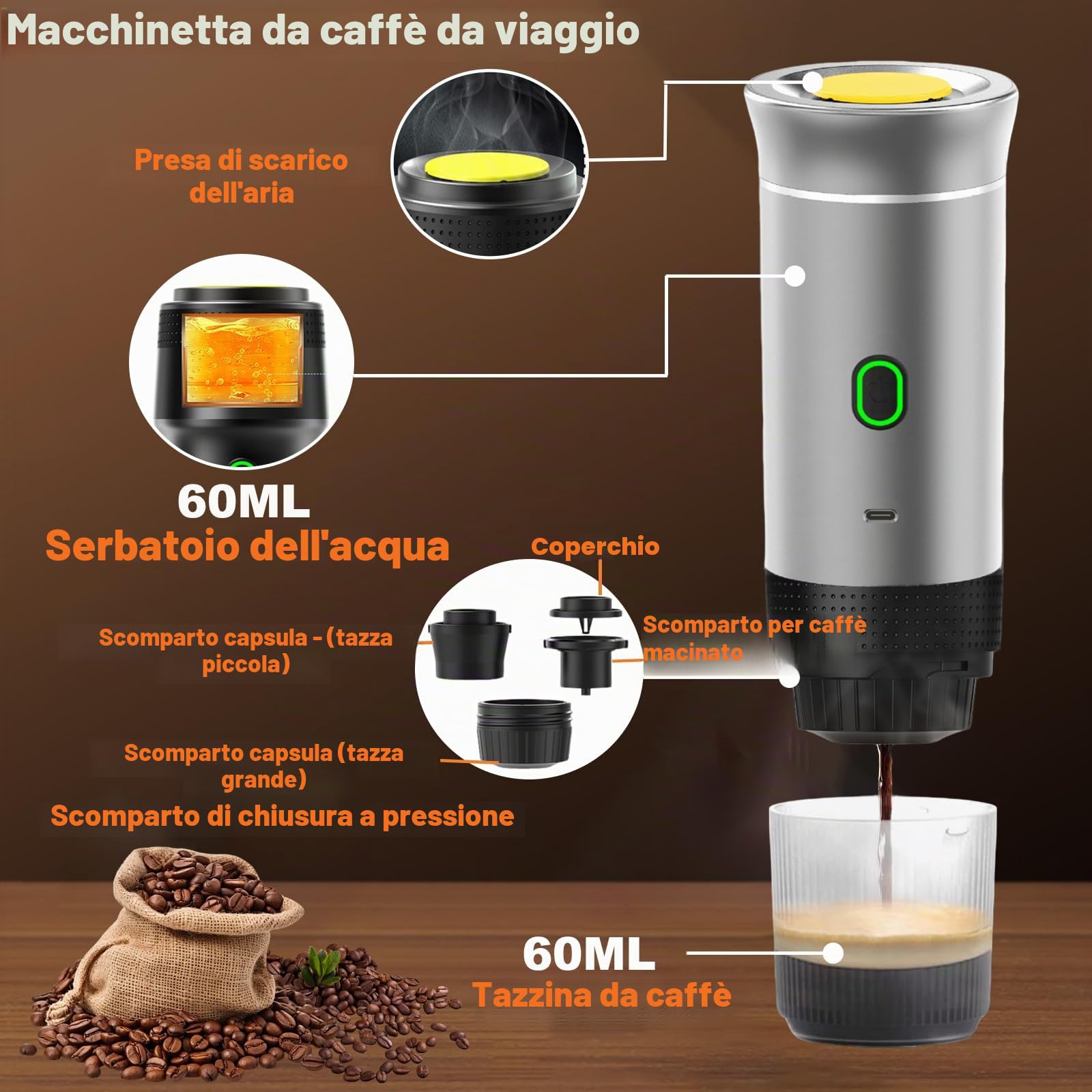 iFCOW Macchina per caffè espresso portatile, macchina da caffè espresso da viaggio piccola macchina da caffè elettrica per casa, viaggi, campeggio, escursionismo, ufficio