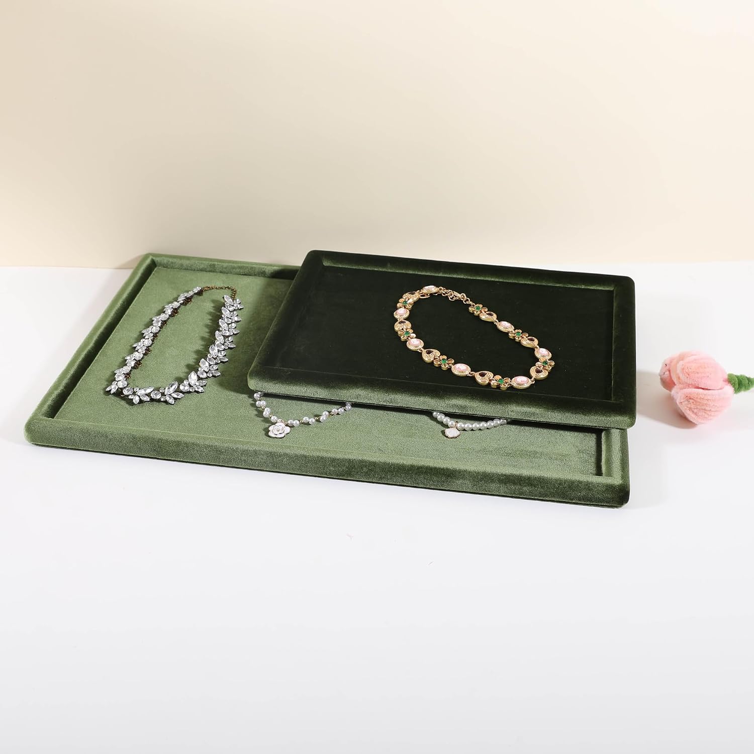 Rectangle Jewelry storage organizer plate, Velvet Jewerly display tray, Empty showcase tray for Necklace Bracelet Ring Earring【Light Green-Medium, 11.8 x 8.7 in 】