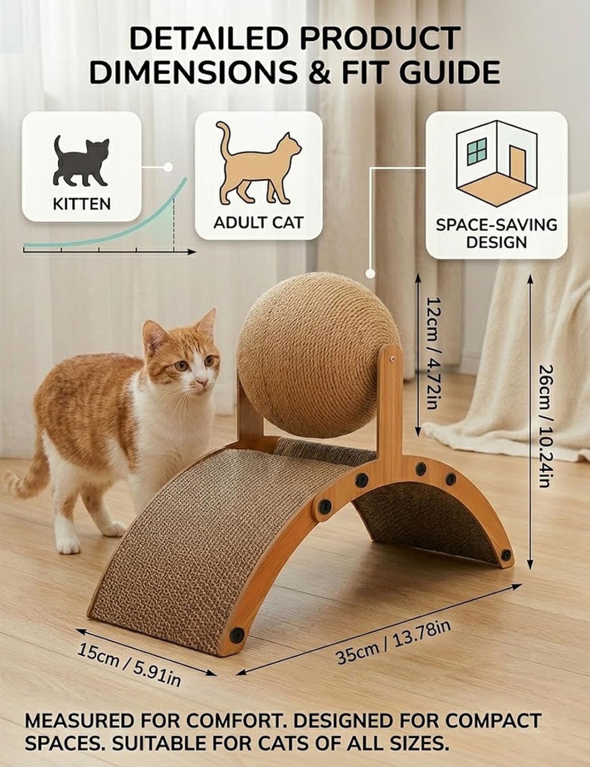 Cat Scratching Ball on Stand, Solid Wood Interactive Cat Scratcher with Arch Bridge and 360° Rotating Ball, Durable Cat Scratching Board for Pets to Relieve Stress, Protects Furniture & Rugs (Large)