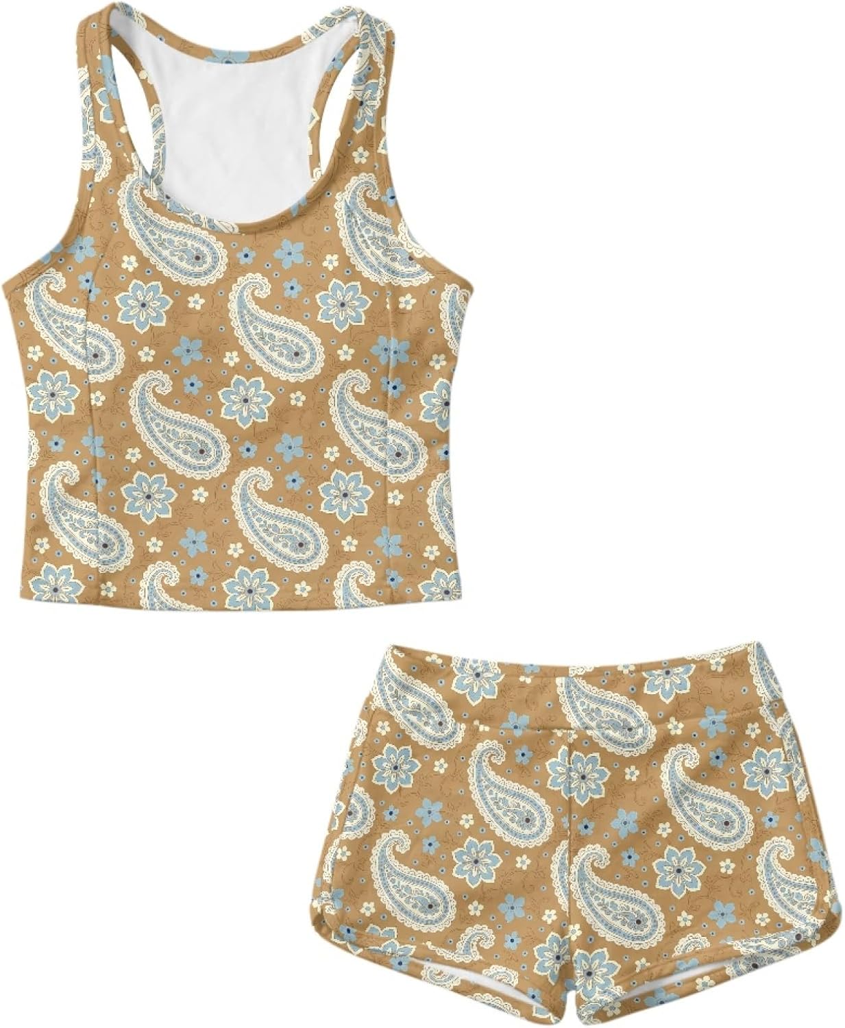 Tankini Swimsuit, 2 Pieces Modest Bathing Suit Sleeveless Roundneck Tank Top with Boyshorts for Girl