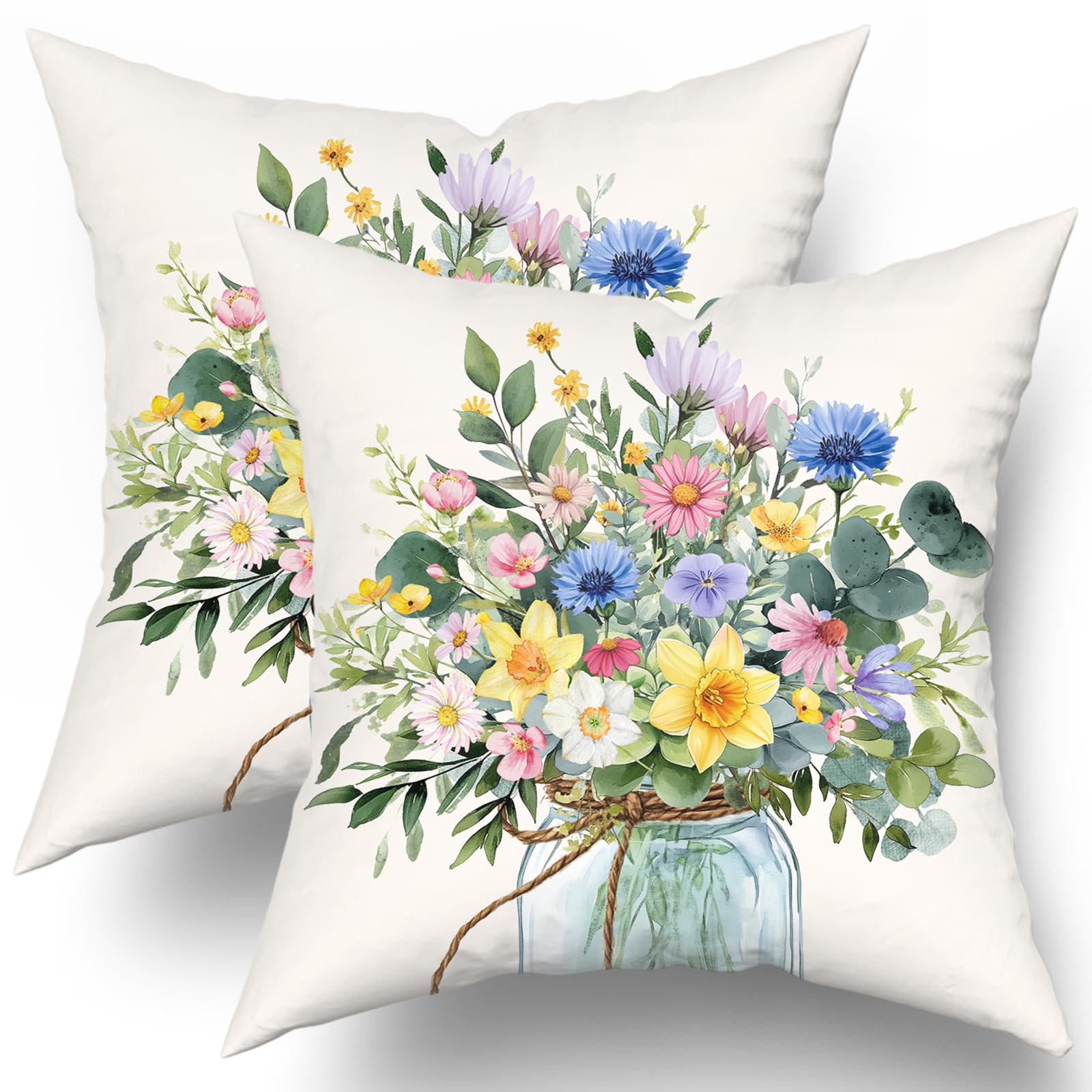 Uynfident Wild Flower Throw Pillow Cover 18x18inch Set of 2 Spring Colorful Floral Eucalyptus Jar Vase Decorative Pillow Case Summer Seasonal Cotton
