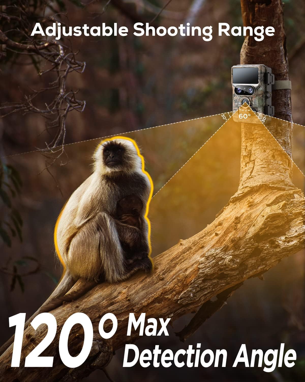 A monkey and its baby on a tree branch, with a diagram showing the camera's 120 degree max detection angle and adjustable shooting range.