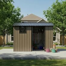 8x6 FT Outdoor Storage Shed, Heavy Duty Galvanized Steel Tool Shed with Sliding Door & Window, Lockable Metal Utility Shed for Backyard Patio Lawn Brown