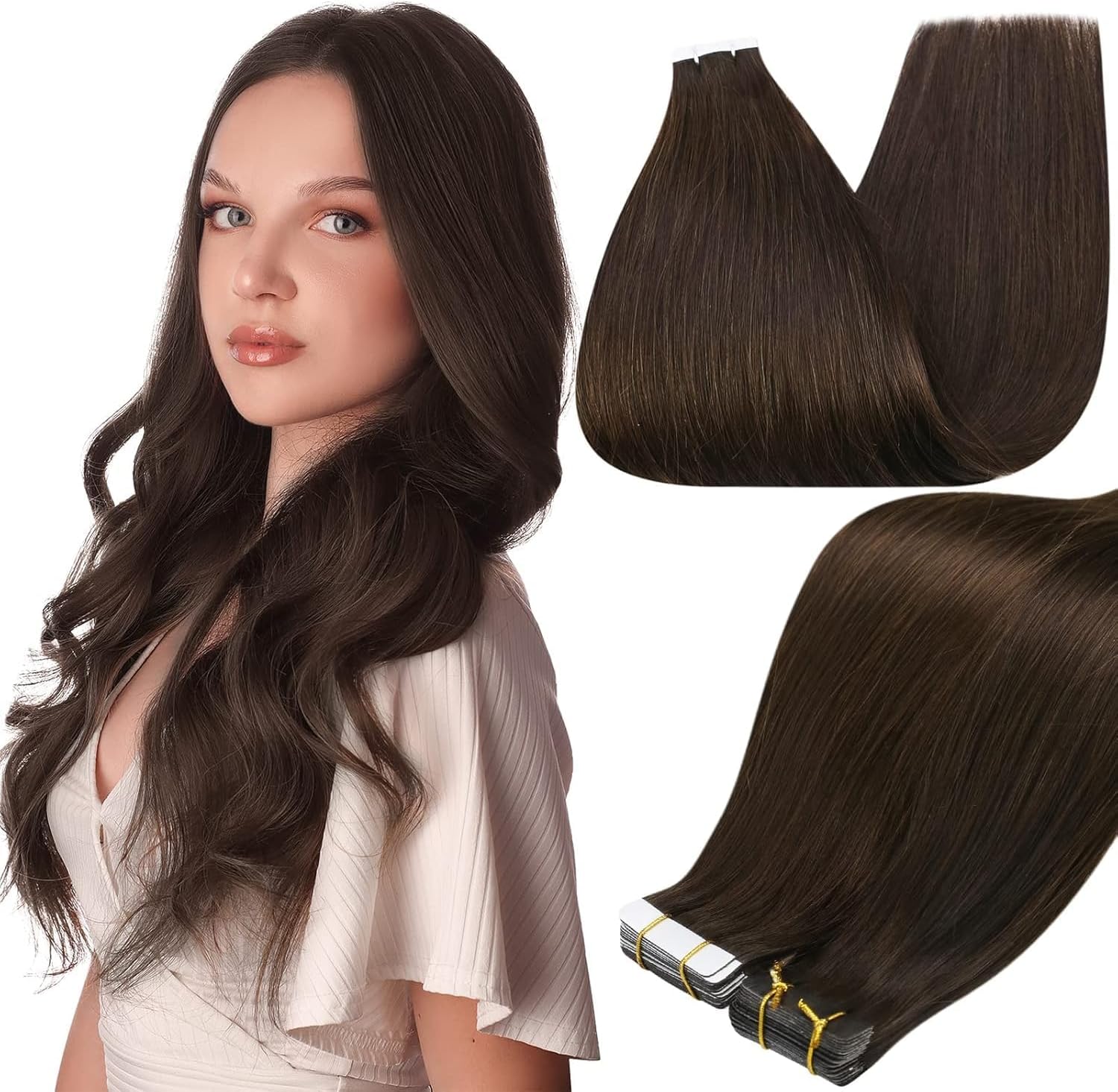 Full Shine 22Inch Tape in Hair Extensions Color 2 Darkest Brown Remy Hair Extensions Real Human Hair Tape in Double Sided Seamless Hair Extension 20Pcs 50g Invisible Human Hair Natural