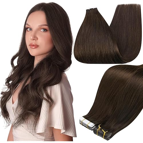 Full Shine 22Inch Tape in Hair Extensions Color 2 Darkest Brown Remy Hair Extensions Real Human Hair Tape in Double Sided Seamless Hair Extension 20Pcs 50g Invisible Human Hair Natural