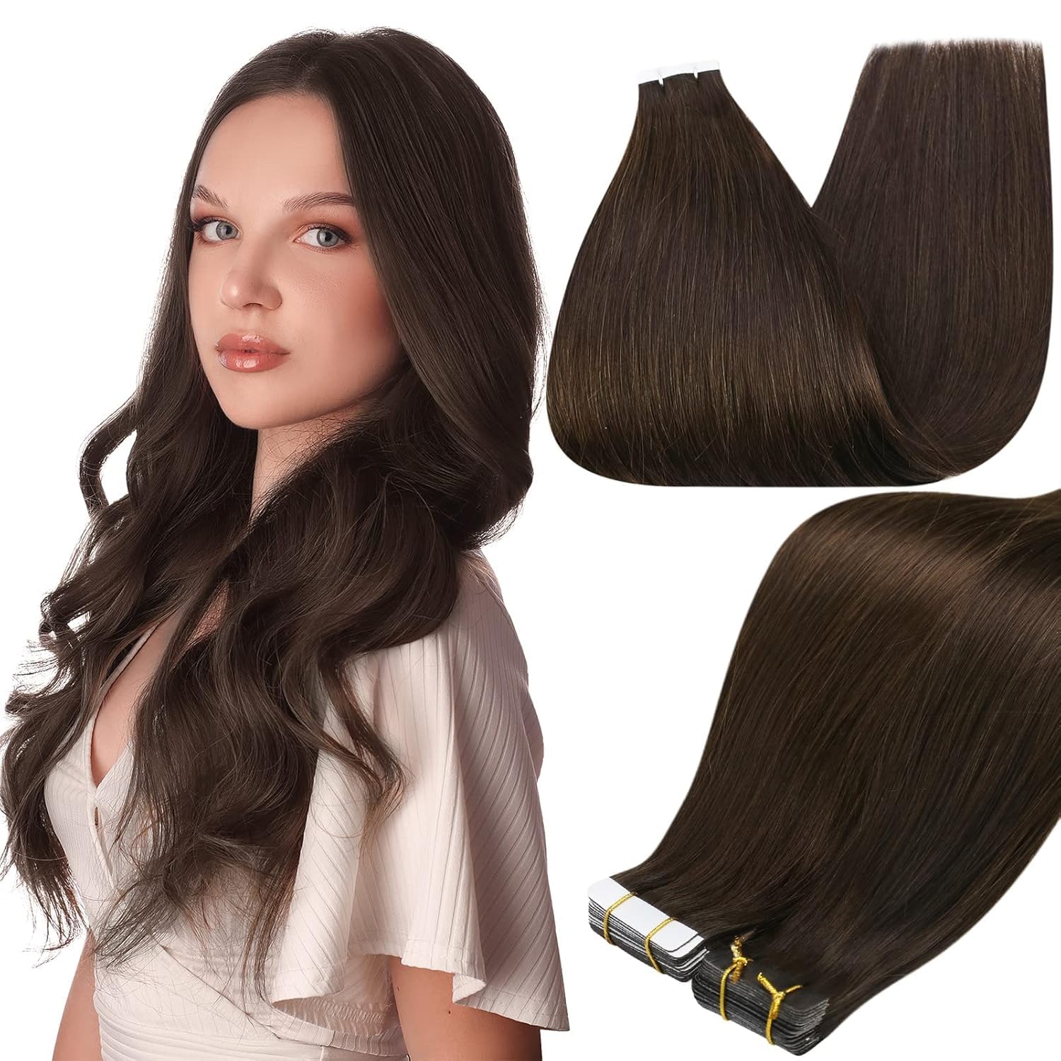 Full Shine 22Inch Tape in Hair Extensions Color 2 Darkest Brown Remy Hair Extensions Real Human Hair Tape in Double Sided Seamless Hair Extension 20Pcs 50g Invisible Human Hair Natural