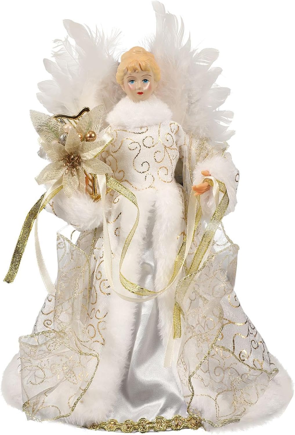 Christmas Tree Topper - 13 Inch Angel with White Feather Wings, Angel Christmas Tree Topper, Decoration