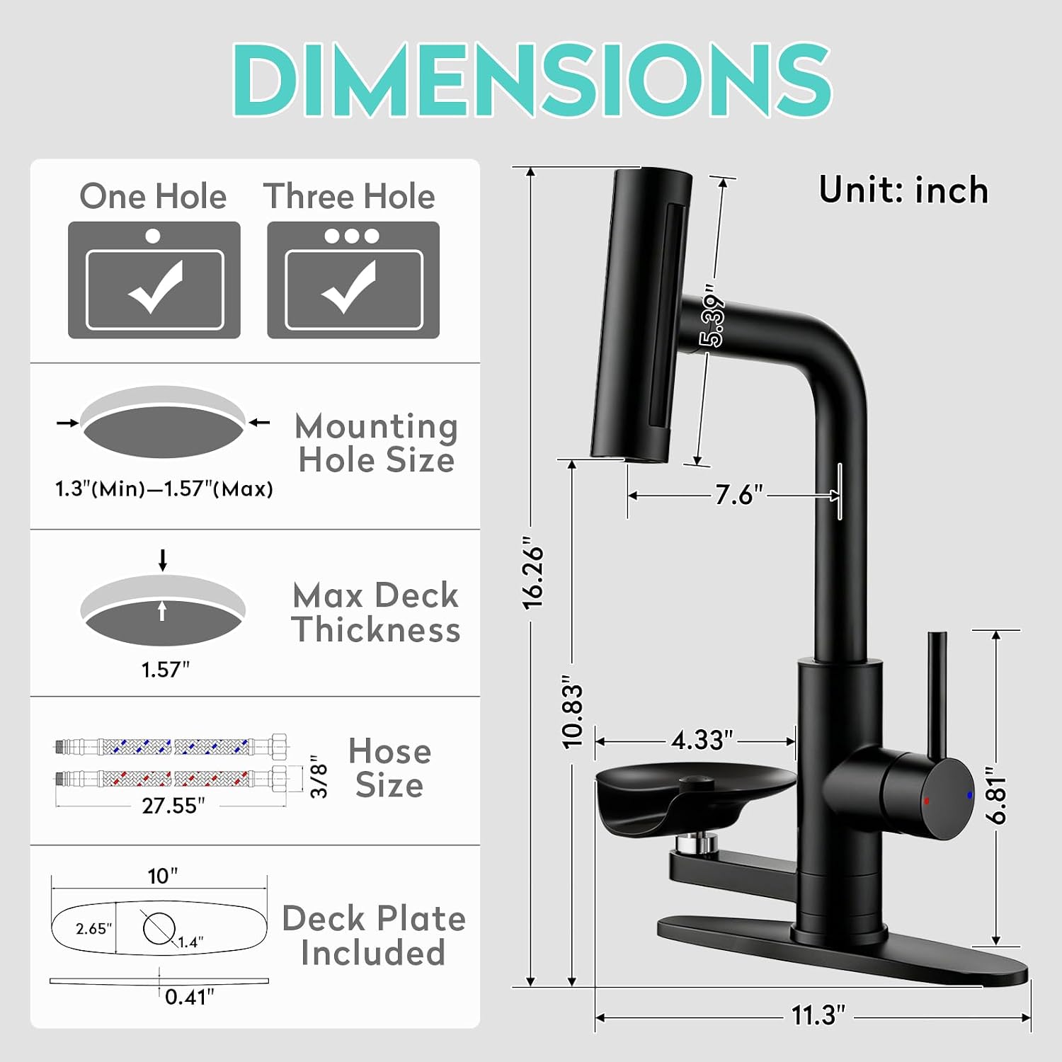Waterfall Kitchen Faucet with Pull Down Sprayer & Glass Rinser | 4 Adjustable Spray Modes, Built-In Cup Washer, Fits 1/3-Hole Kitchen & Bar Sinks, Includes Deck Plate