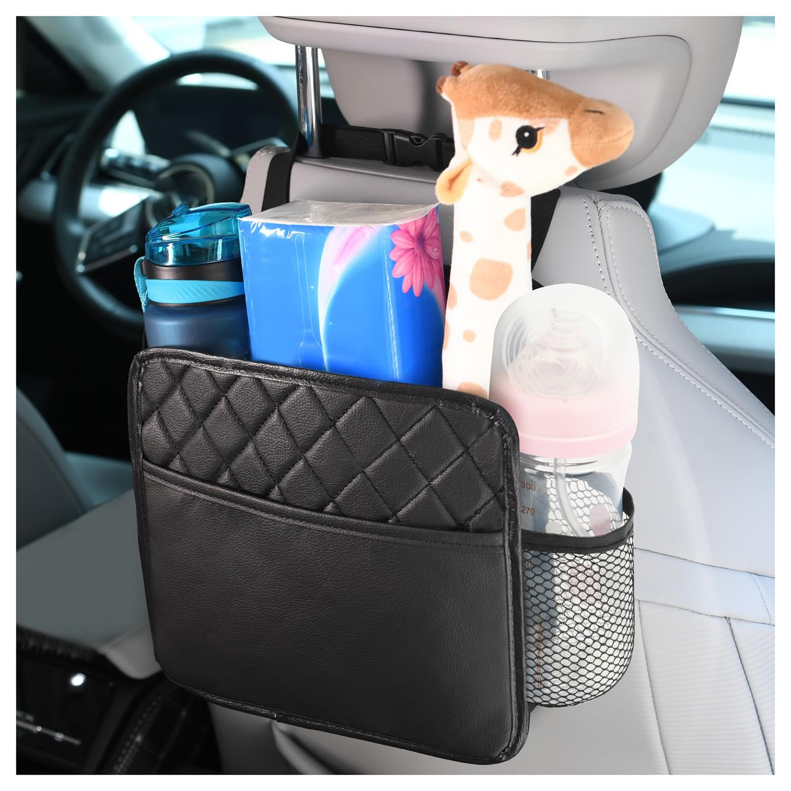 QYETRGF Car Organiser, for Hyundai i30 i30N 2017-2024 i30 Fastback 2020-2026 Seat Headrest Storage Bag Waterproof Leather Vehicle Tidies Pocket Backseat Tissue Trash Bin Holder