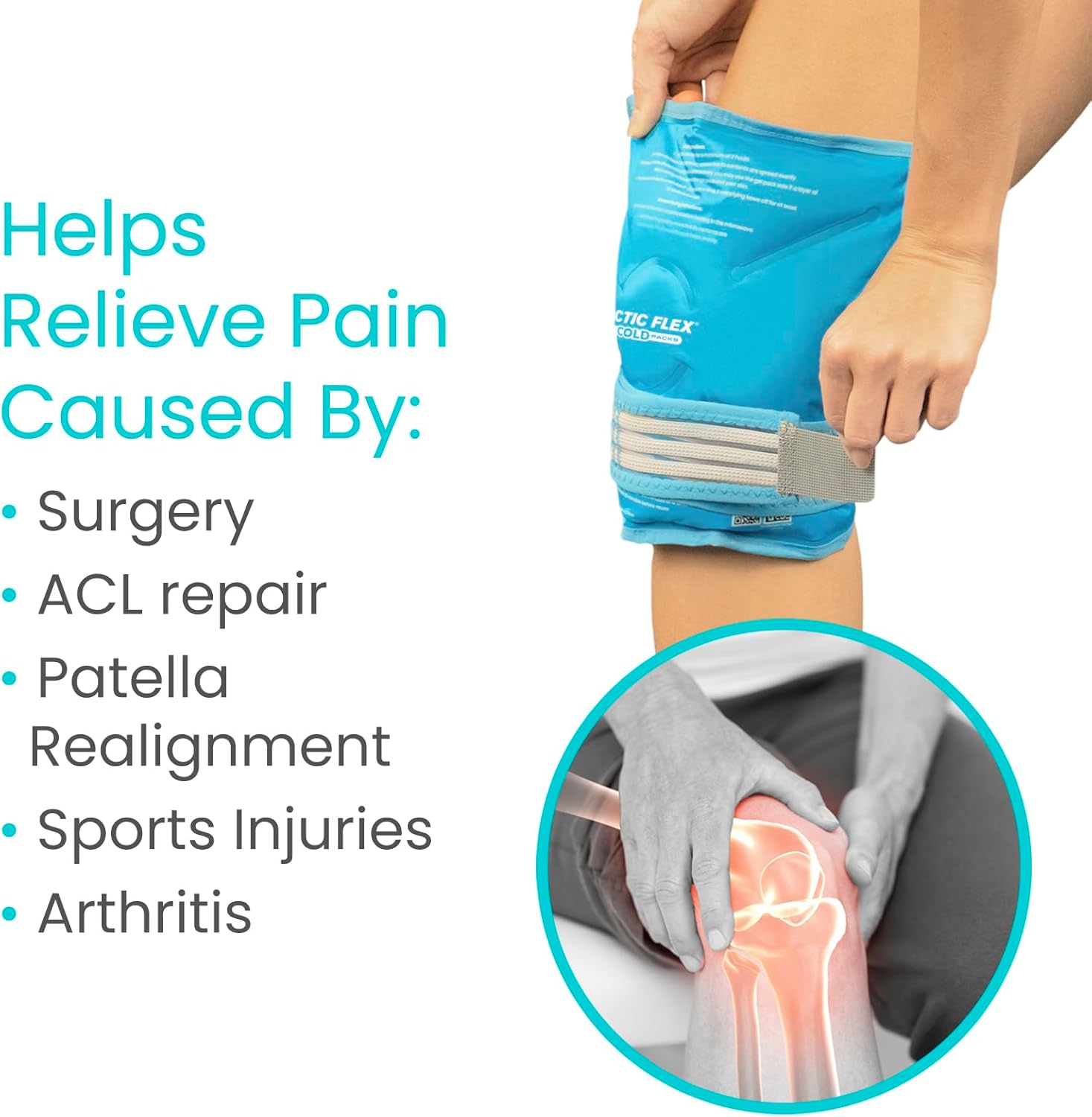 Arctic Flex Vive Knee Ice Pack Wrap with Straps for Cold Compression - Reusable Gel Cold Pack for Cold Therapy, Pain Relief, Injuries & Swelling - Post Surgery Recovery for Knee Replacement