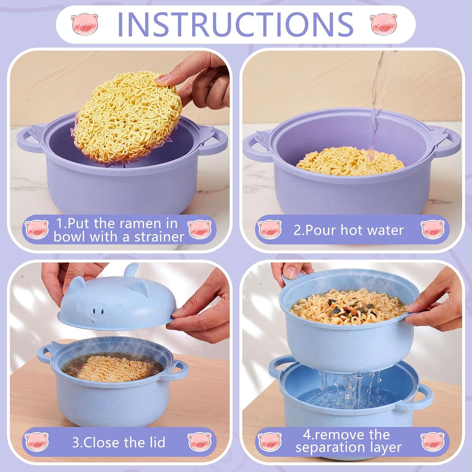 2 Sets 45oz Cute Pig Ramen Bowl Set Microwavable Purple, Nordic Blue image 3