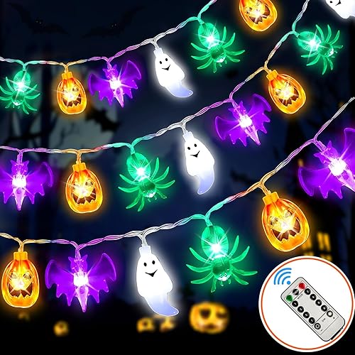 Guirnalda de luces de Halloween con pilas, 26 pies, 40 luces LED 3D naranjas, murciélagos morados, fantasmas blancos, luces de araña verdes con
