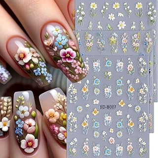 Flower Nail Stickers for Nail Art - 5D Embossed Nail Decals Spring Floral Nail Art Stickers Self-Adhesive Nail Supplies Green Dragonfly Daisy Plant DIY Finger Manicure Decoration for Women 3Pcs