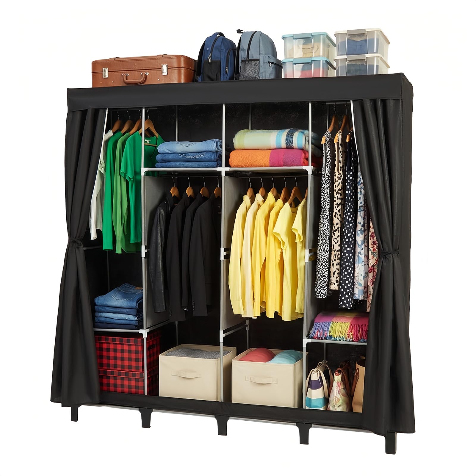 M.J COMFY-LIFE Foldable Canvas Wardrobe - Portable Closet Organizer with Clothes Rail & Shelves - Storage Solution for Bedroom (Ideal for Clothes, Shoes & Toys) (Black A)