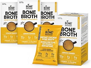 Bone Brewhouse - 4 Pack - Chicken Bone Broth Protein Powder - Lemon Ginger Flavour - Keto & Paleo Friendly - Instant Soup Broth - 10g Protein - Natural Collagen & Gluten-Free - 20 Individual Packets