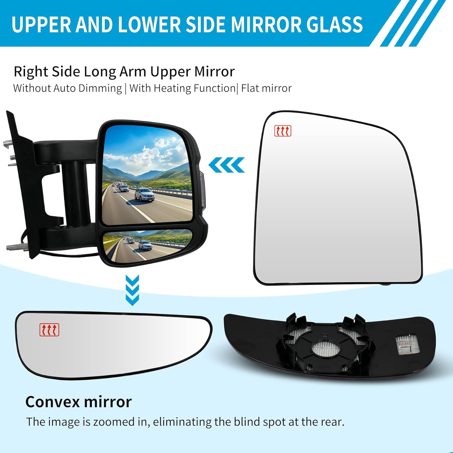 Passenger Right Side Upper and Lower Extension Long Arm Mirror Heated Convex Glass with Rear Holder for Ram ProMaster 1500 2500 3500 for 2010-2023