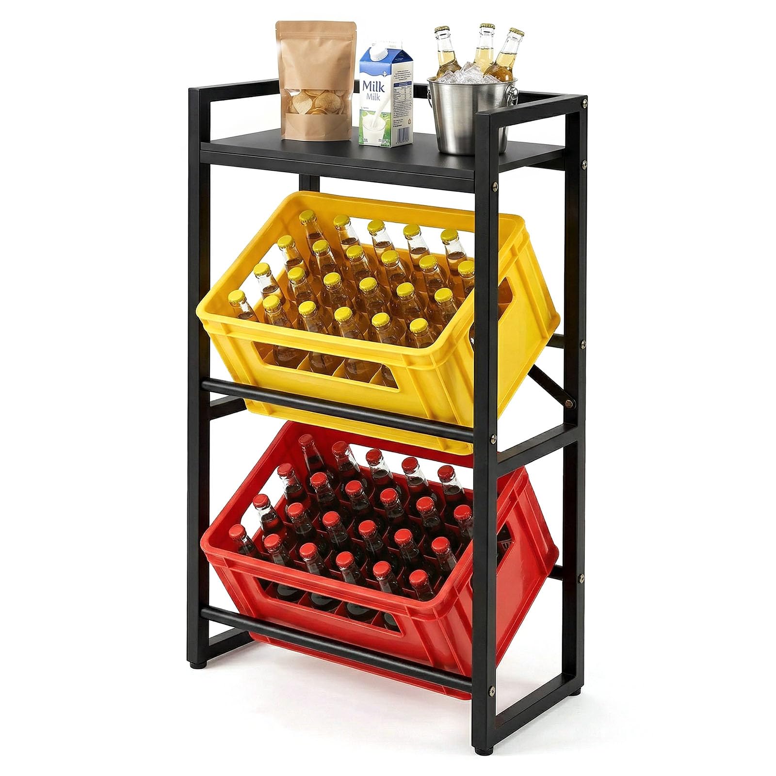 Treeboy Black Meatal Beverage Crate Shelf Storage Rack For 2 Beverage Crates In For Beer,Fruit,Vegetables-Sturdy Drinks Crate Rack 180 Kg Load Capacity For Kitchen, Storage Room