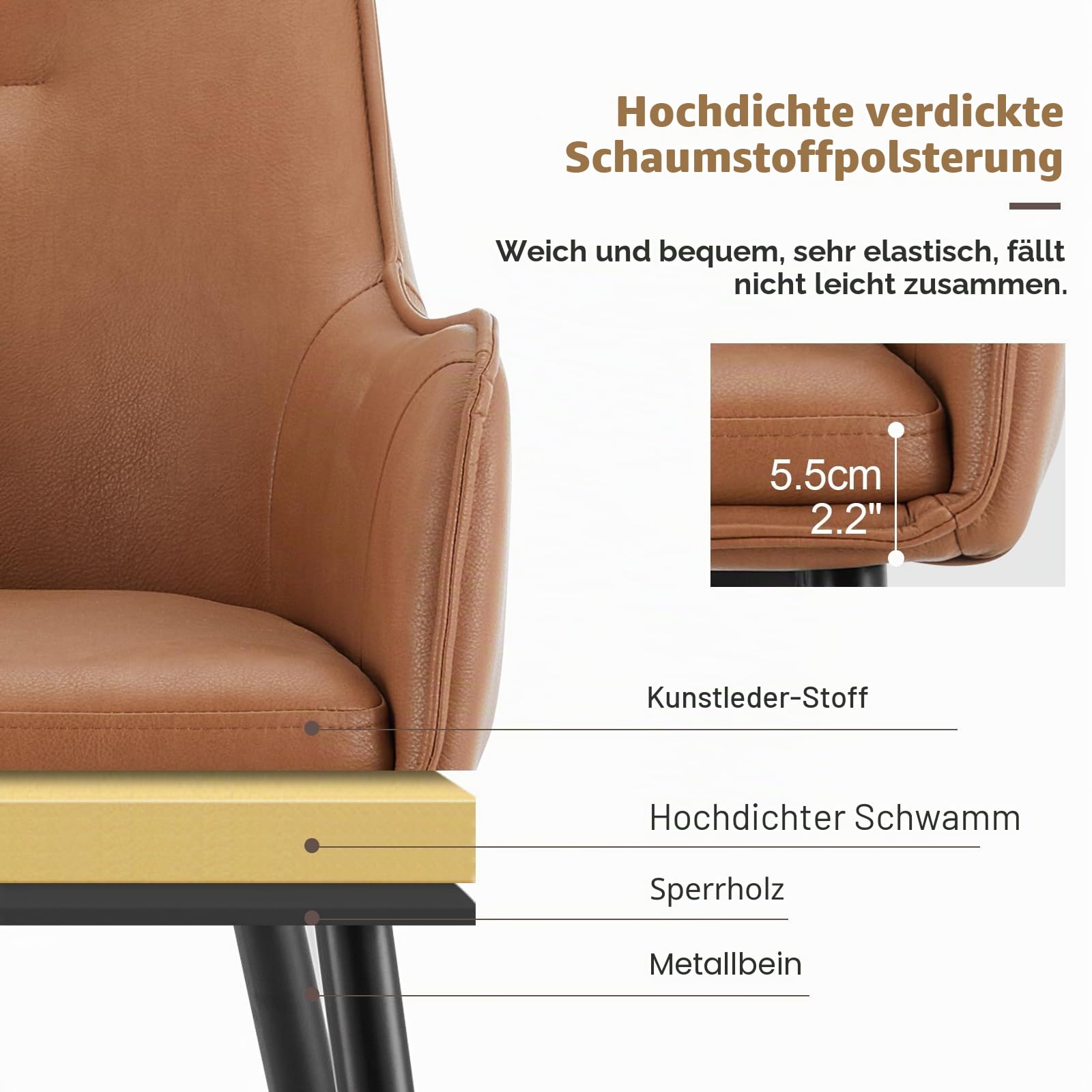 CLIPOP Esszimmerstühle 2er Set mit Armlehne aus Kunstleder Braun, Armlehnenstuhl Polsterstuhl Stühle Esszimmer Küchenstuhl mit Metallbeine und Rückenlehne für Wohnzimmer Esszimmer