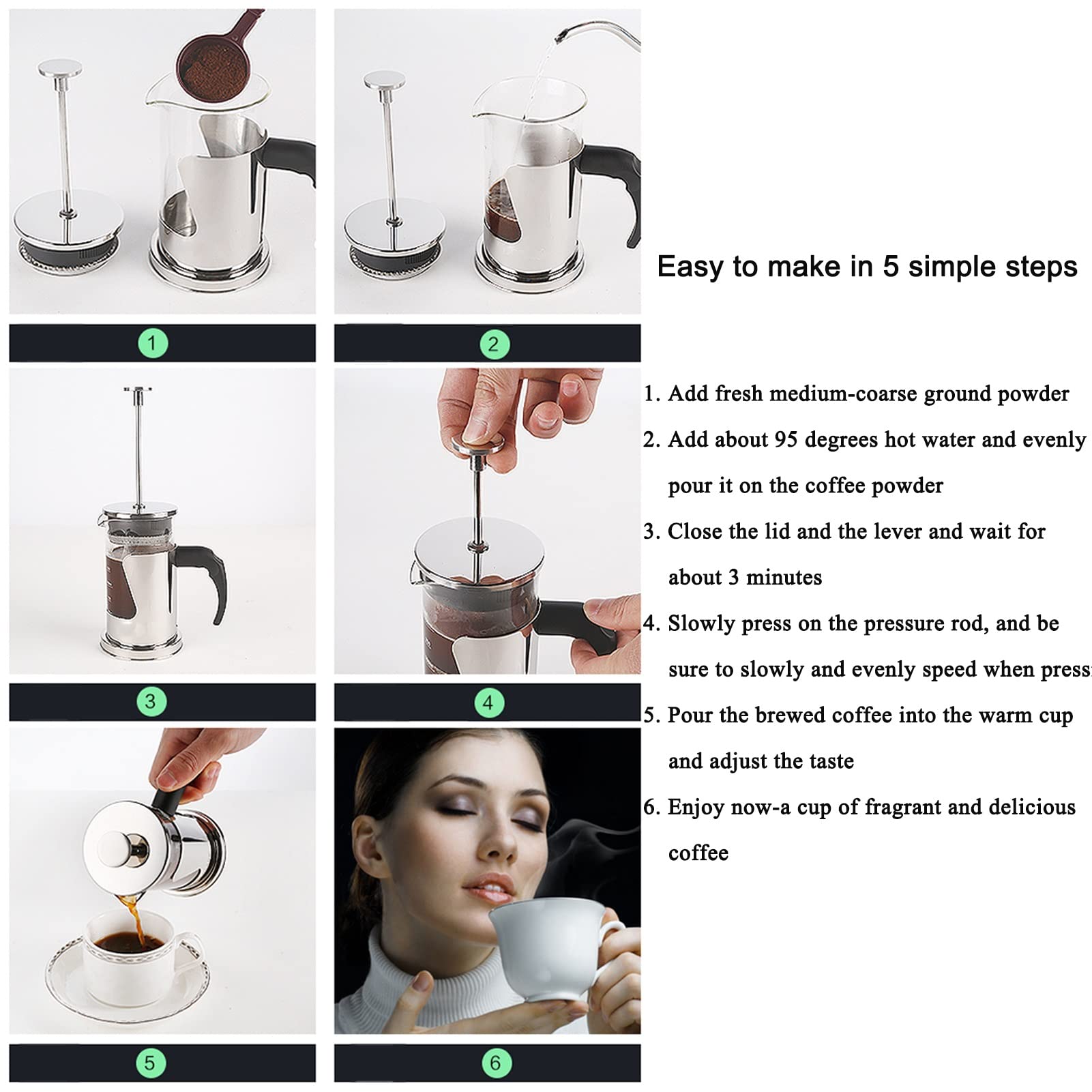 Cafetera Émbolo, Cafetera Francesa De Vidrio De Borosilicato Duradero Resistente Al Calor, Cafetera De Piston/Tetera De Acero Inoxidable con 3 Filtros, Fácil De Limpiar, para Regalos De Viaje De CAM