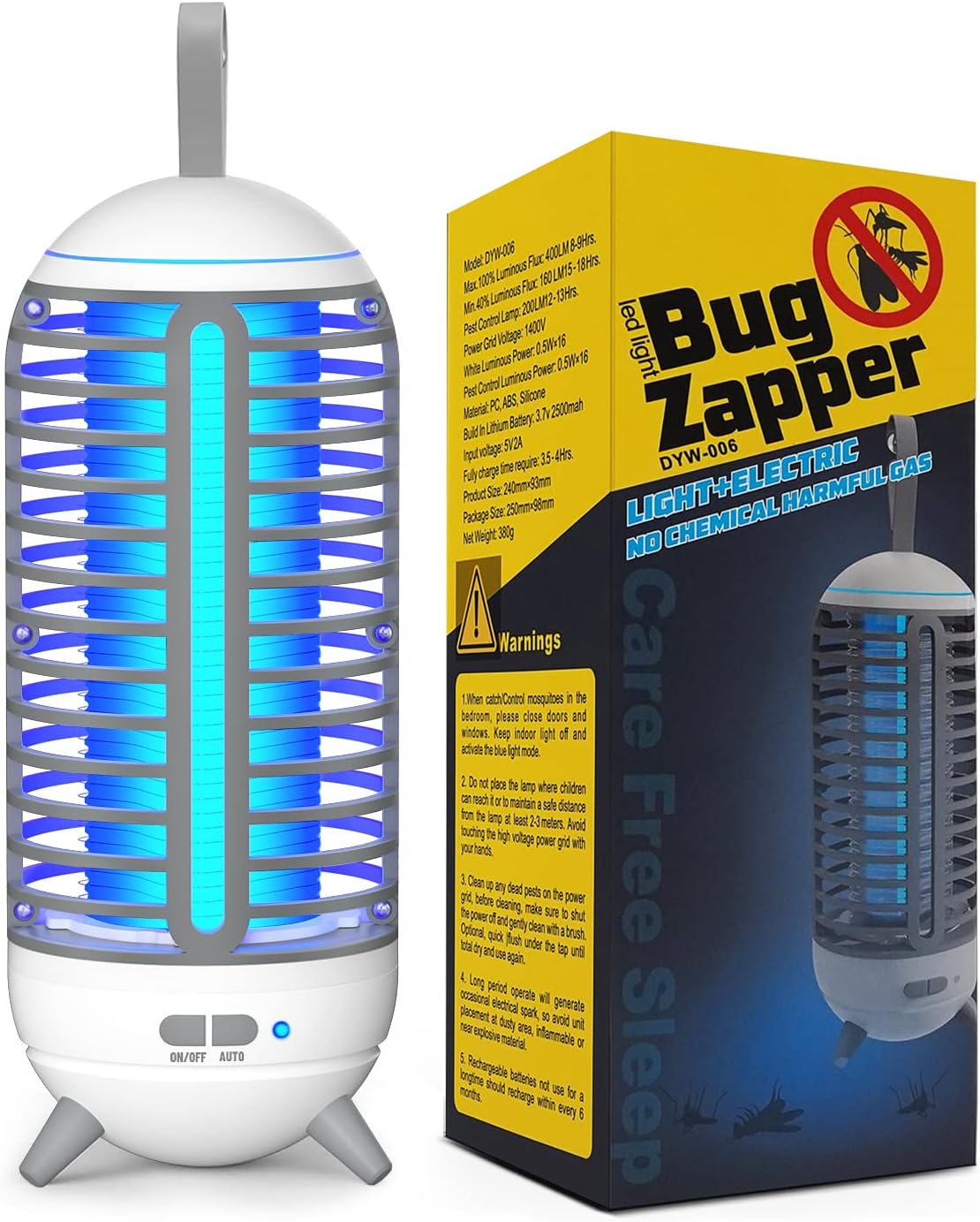 Lampada Antizanzare, PRANITE 2500mAh Zanzariera Elettrica da Campeggio 2 in 1, Antizanzare Giardino Ricaricabile USB, IP65 Insetticida per Zanzare Portatile per Esterno, Interno