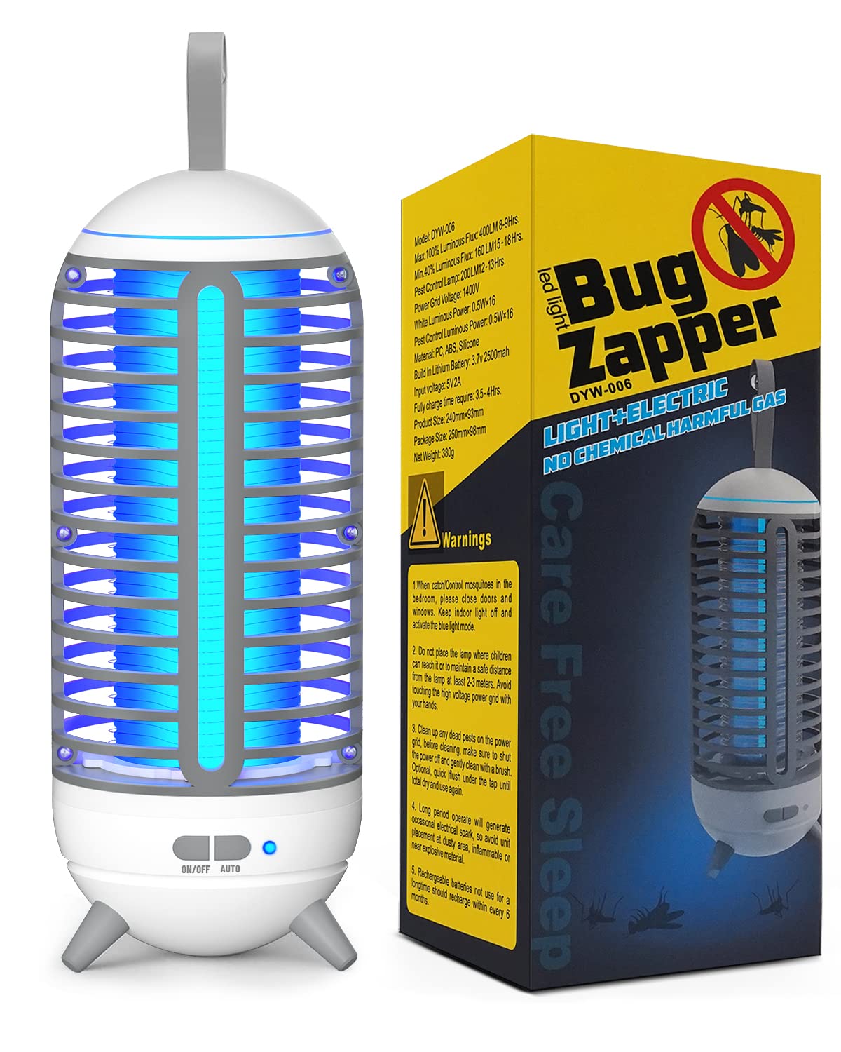 Lampada Antizanzare, PRANITE 2500mAh Zanzariera Elettrica da Campeggio 2 in 1, Antizanzare Giardino Ricaricabile USB, IP65 Insetticida per Zanzare Portatile per Esterno, Interno