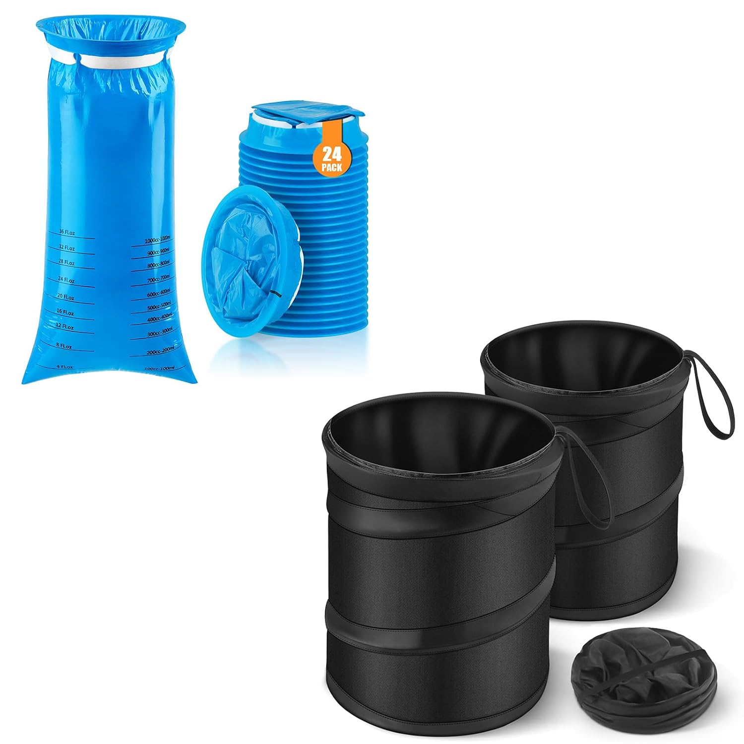 2 Pack Mini Car Trash Can and 24 Pack Vomit Bags Disposable, Leakproof Pop-Up Car Trash Can with Hanging Loop, 1000ml Emesis Bags Throw Up Bags