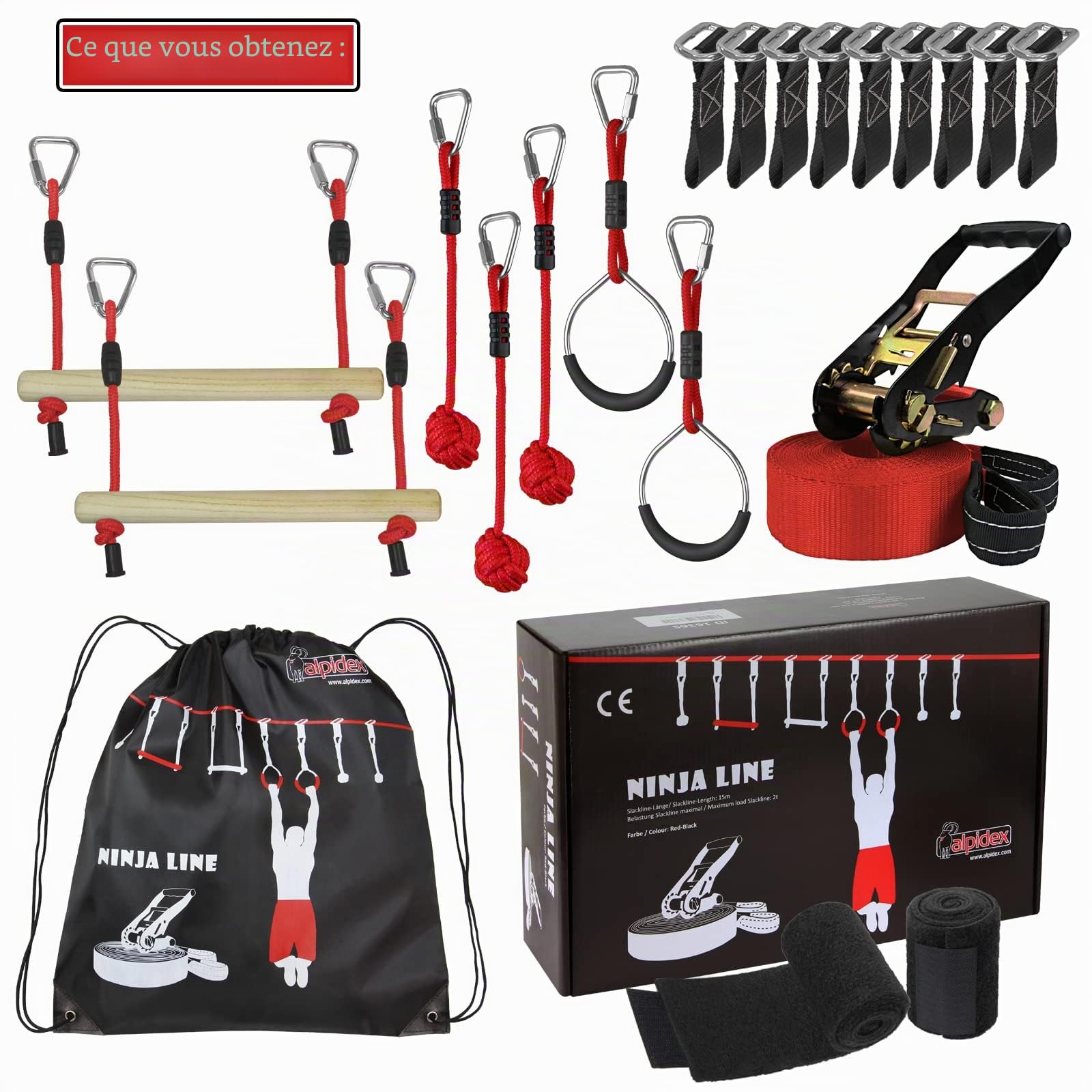 ALPIDEX Ninja Parcour Slackline Set 15 m Jeunes Adultes Anneaux Nœuds Corde