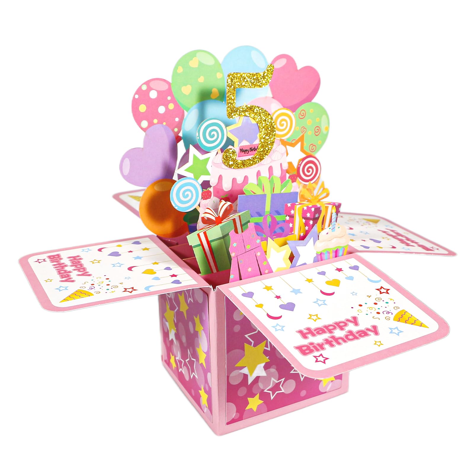Geukmun 5th Birthday Card for Girls, 5th Birthday Gifts for Girls, Pink Pop Up Happy Birthdays Card with Envelope for 5 Year Old Girl, Granddaughter, Daughter, Party Decorations