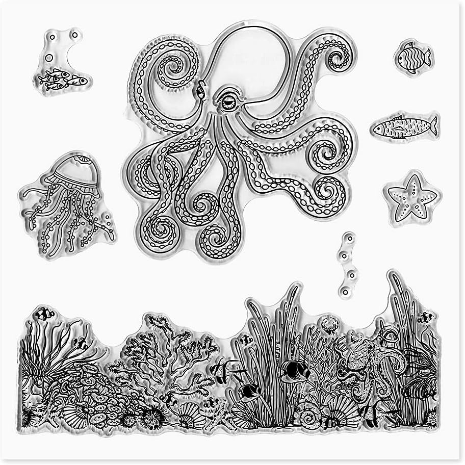 Hying Octopus Jellyfish Starfish Seaweed Clear Stamps for Card Making, Summer Sea World Rubber Stamp Ocean Starfish Transparent Stamp for Crafting Embossing Scrapbooking DIY Decoration