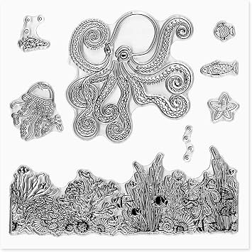 Hying Octopus Jellyfish Starfish Seaweed Clear Stamps for Card Making, Summer Sea World Rubber Stamp Ocean Starfish Transparent Stamp for Crafting Embossing Scrapbooking DIY Decoration
