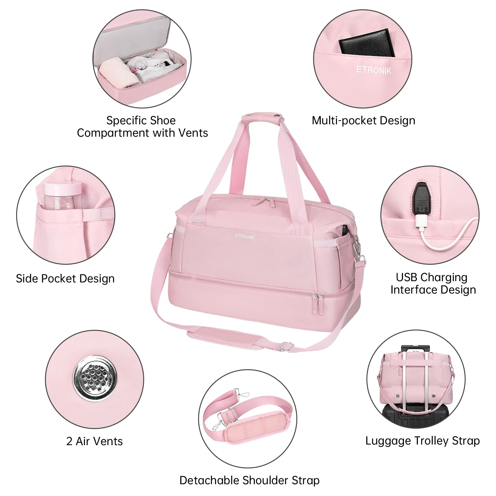 ETRONIK Gym Bag Womens, Travel Duffel Bag, Easyjet Cabin Bag 45x36x20 Underseat, Weekend Bag with Shoes Compartment - Image 2