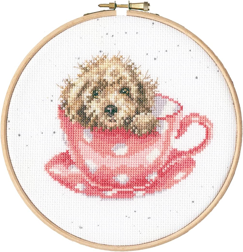 Bothy Threads Counted Cross Stitch kit with Wooden Hoop Teacup Pup, XHD119, Diam. 15cm, DIY