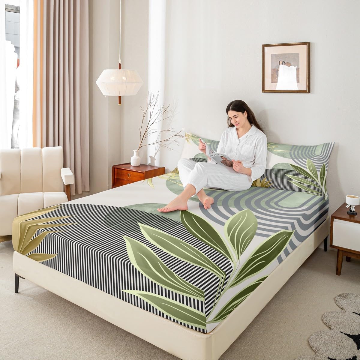 Erosebridal Mid Century Bed SheetsFull Size Abstract Bohemian Aesthetic Fitted Sheet,Minimalist Modern Boho Bedding Set Vintage Geometric Circle Line Sheets,Purple Gold