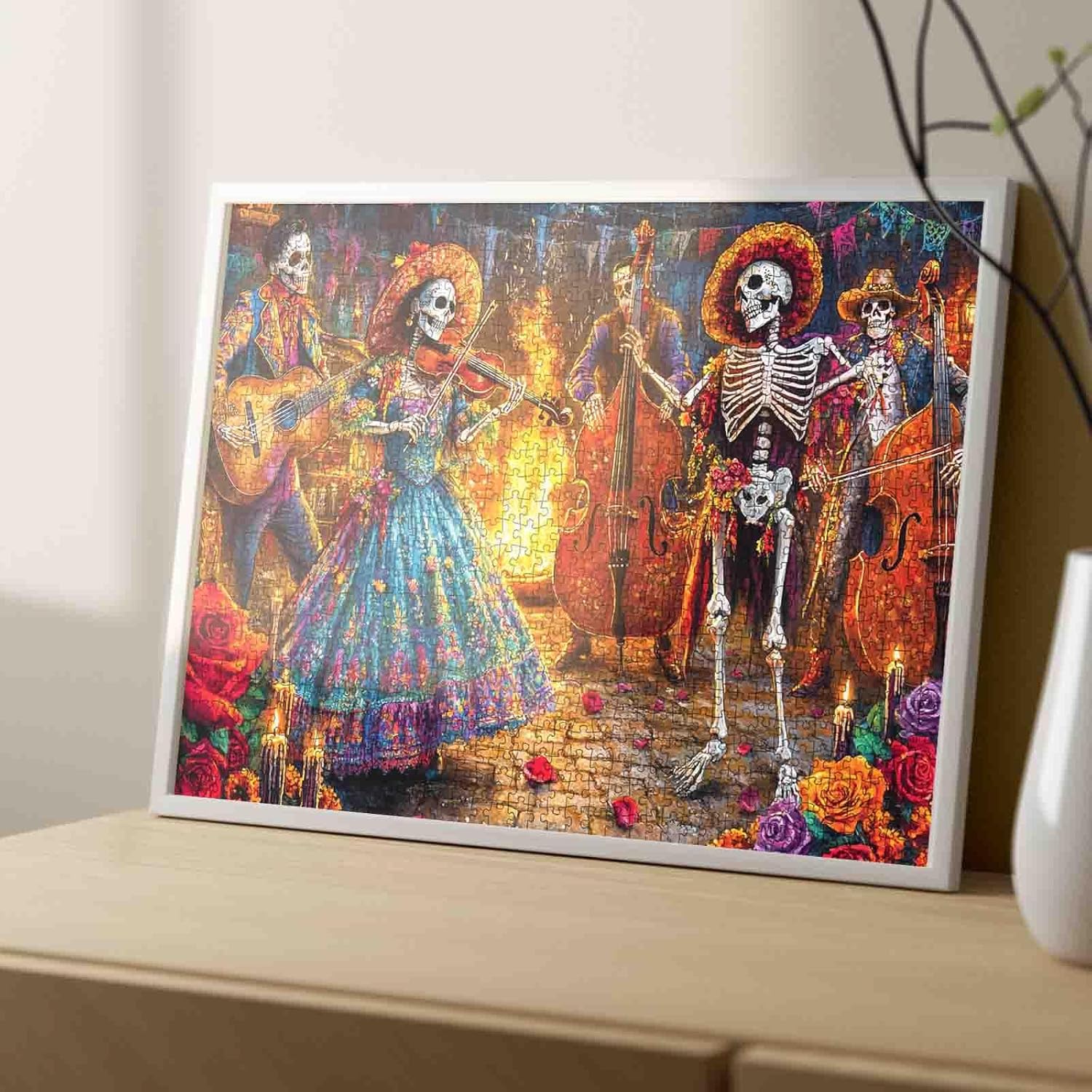 Skeleton Band Playing Music at Festive Night 1000 Piece Jigsaw Puzzle for Adults Students 20×27 Inches Colorful Day of The Dead Instruments Traditional Dress Fun Halloween Puzzle Gift for Collectors