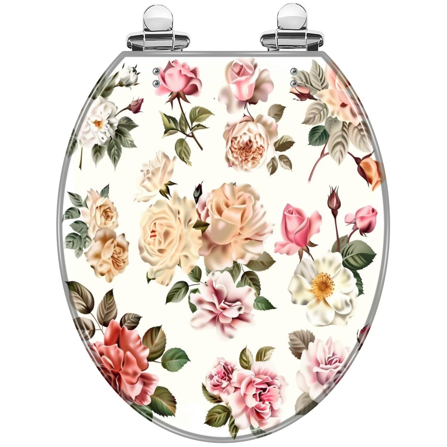TRANQDEHOM Round Toilet Seat collection realistic rose flowers white for Resin Toilet Seat Quietly Close Quick Release Hinges Decorative Toilet Seat with Cover Easy to Install, Style 8