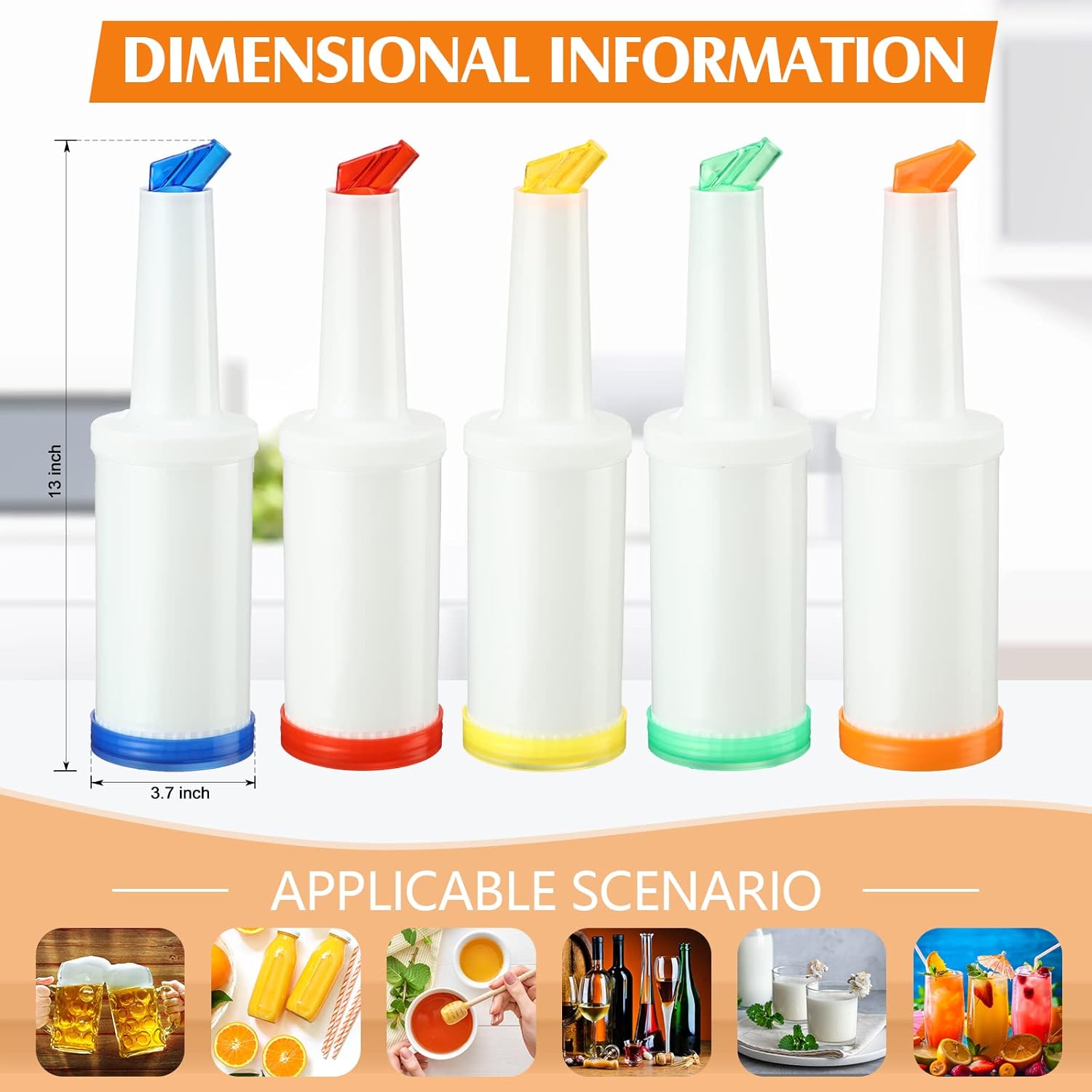 CHENGU 6 Pcs Bar Pour Colorful Juice Pouring Bottle Containers 34 oz Plastic Juice Dispensers for Bar Home Party Kitchen Supplies (White,Orange,Red,Yellow,Blue,Green)