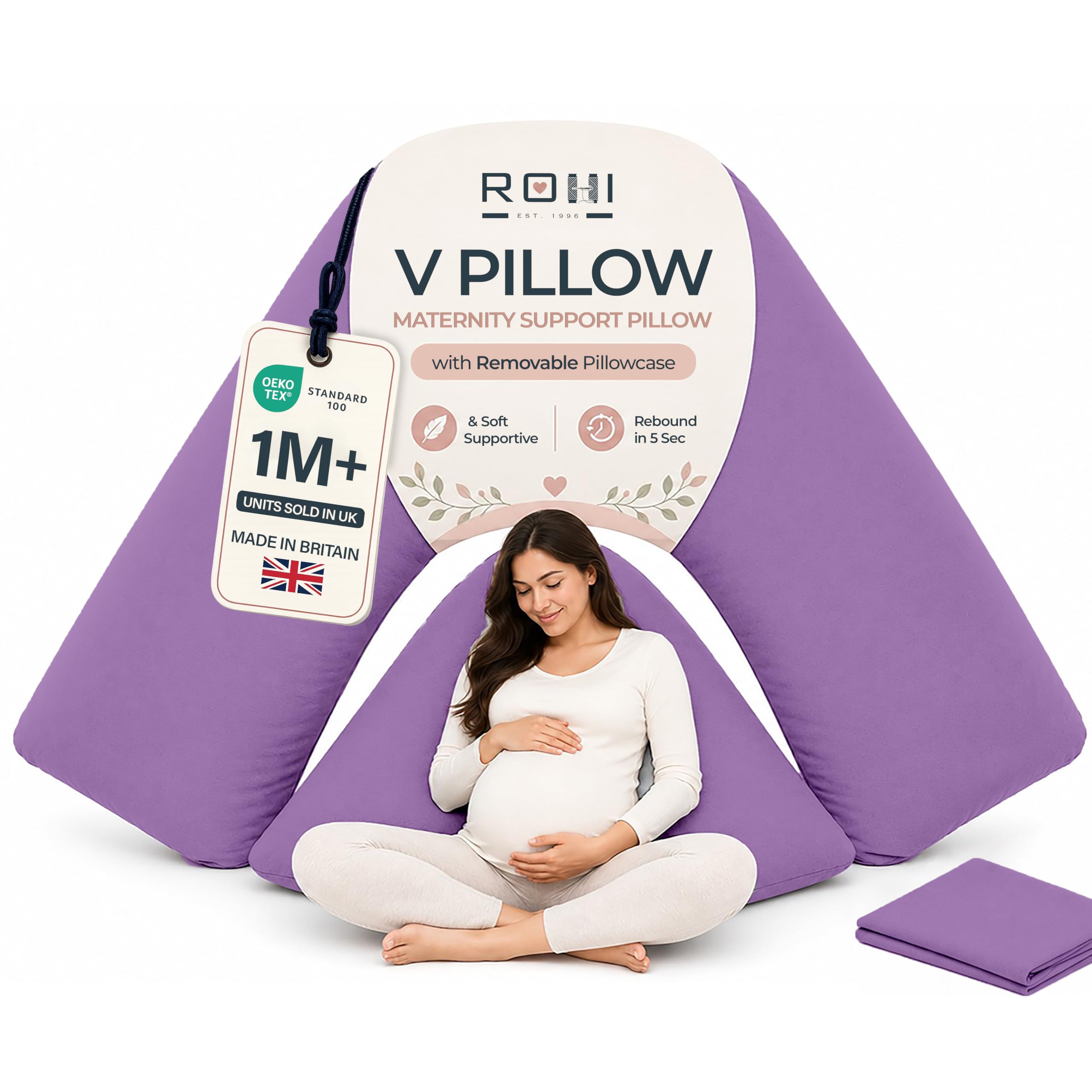 Rohi Lilac Orthopaedic V Pillow With Pillowcase – Anti Allergy Triangle Pillows For Adults, Nursing, Maternity & Pregnancy – Extra Hollowfibre Cushioning To Supports Neck, Head & Back (Lilac)