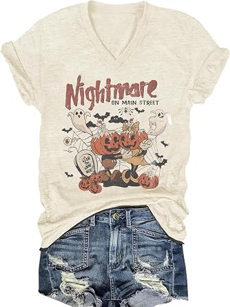 Halloween V Neck Shirts for Women Fall Pumpkin Short Sleeve T-Shirts Funny Thanksgiving Graphic Tees