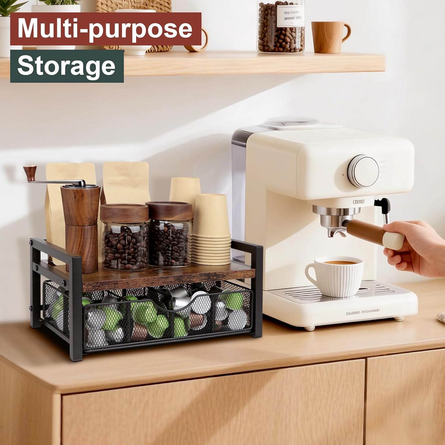 Tea Bag Organizer, Tea Bag Holder Organizer with 8-Compartment Adjustable Drawer, Wood & Metal Tea Box Organizer Chest for Countertop Kitchen, Office
