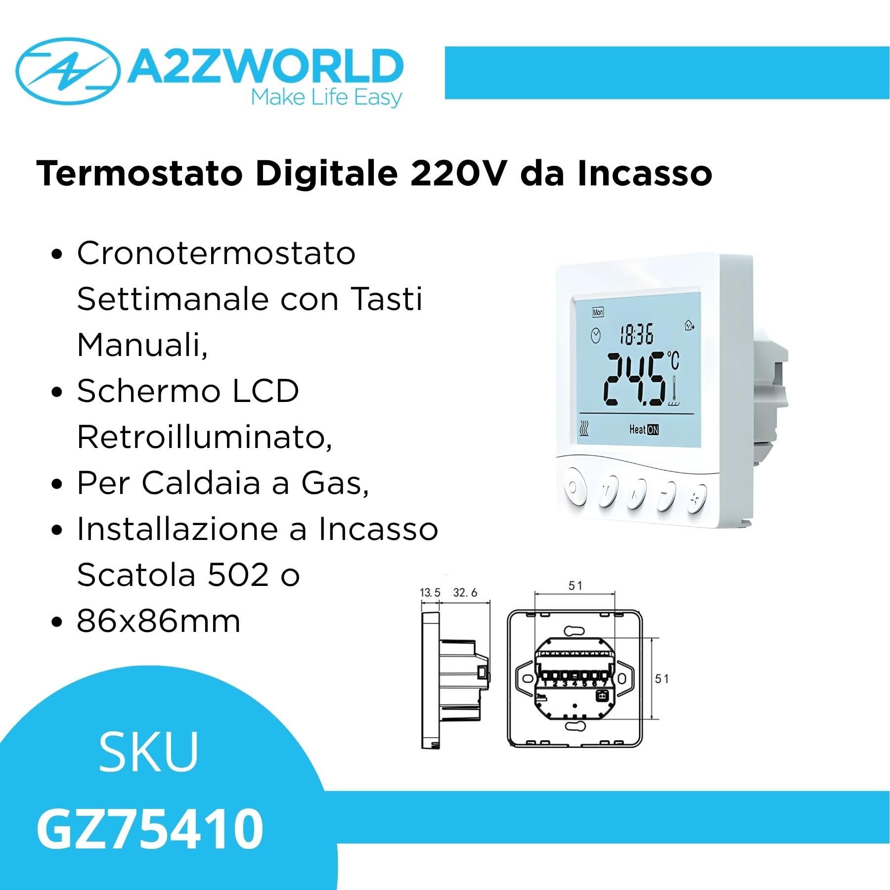 Termostato digital empotrable de 220 V, cronotermostato semanal con botones manuales, pantalla LCD retroiluminada, para caldera de gas, instalación empotrada, caja 502 o 86 x 86 mm