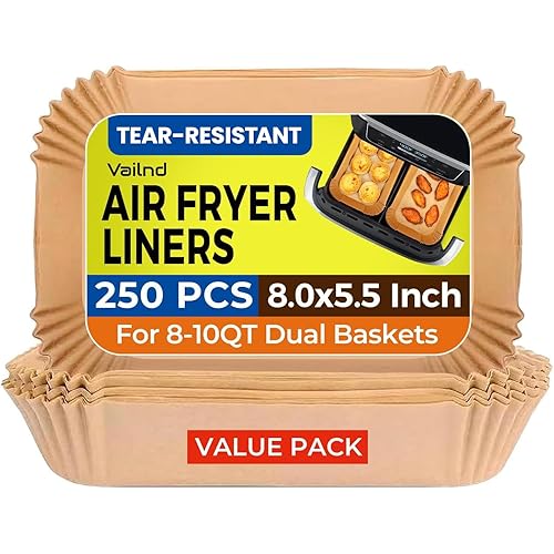 Air Fryer Liners Disposable for Dual Basket, 250Pcs 8x5.5 Inch Rectangular Parchment Paper for Ninja DZ201 DZ401, Chefman/COSORI 2-Basket Air Fryer, Oil Proof Baking Paper Sheets by Vailnd
