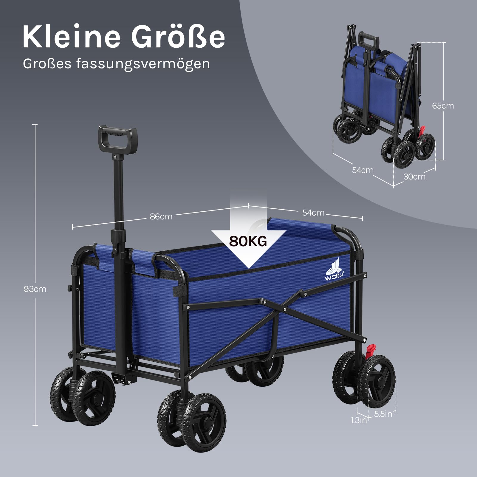 WOLTU Bollerwagen faltbar, Handwagen Transportwagen klappbar, Gartenwagen Strandwagen mit Bremsen Doppelrädern, Trolley für Garten Strand Camping, 80 kg belastbar, Blau