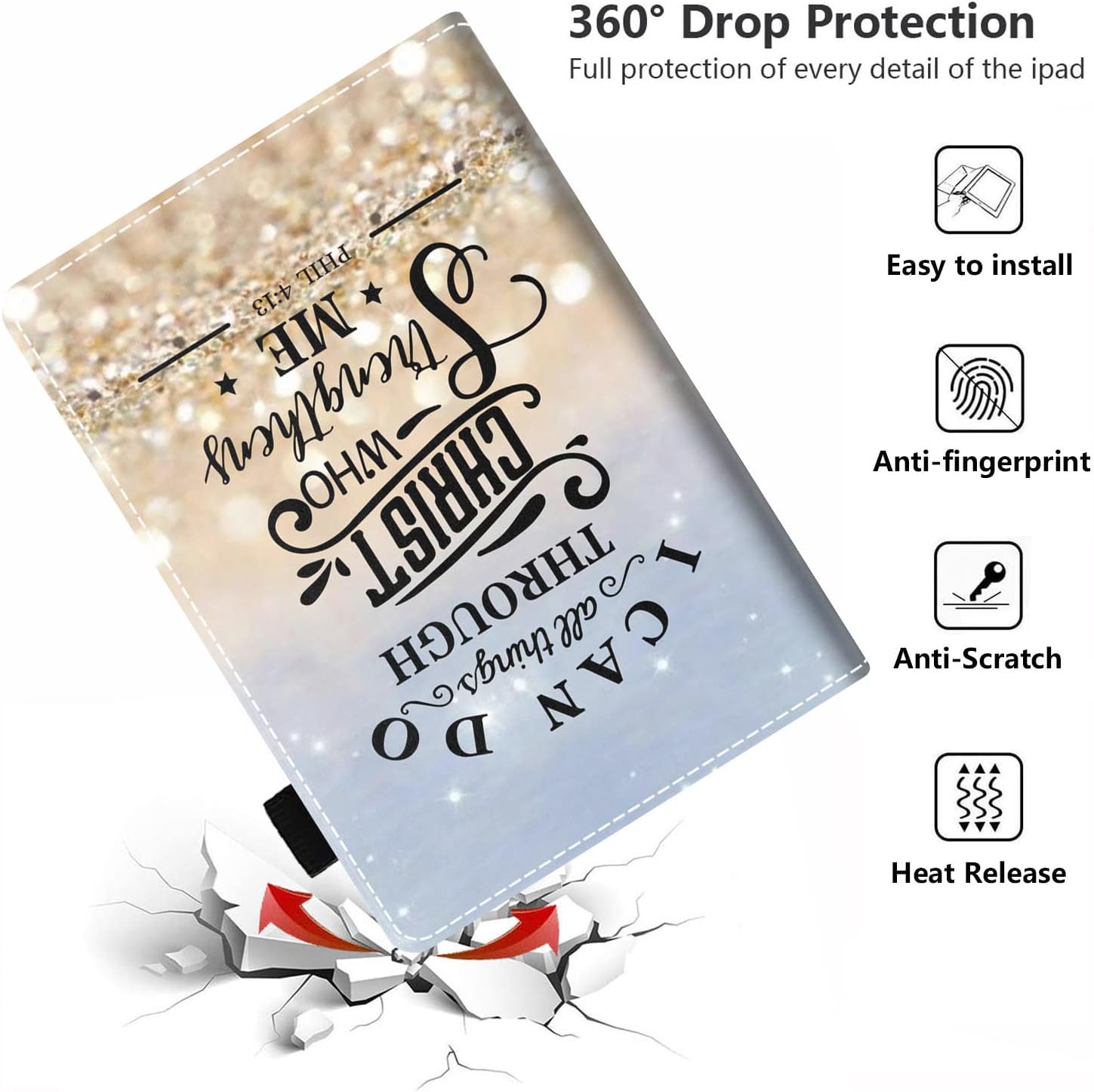 Case for All-New Amazon Kindle Fire HD 8/Fire HD 8 Plus Tablet (10th Generation, 2020 Release) - PU Leather Folio Case with Smart Auto Wake/Sleep, Rainbow Glitter Quote Bible Verse Phil 4:13