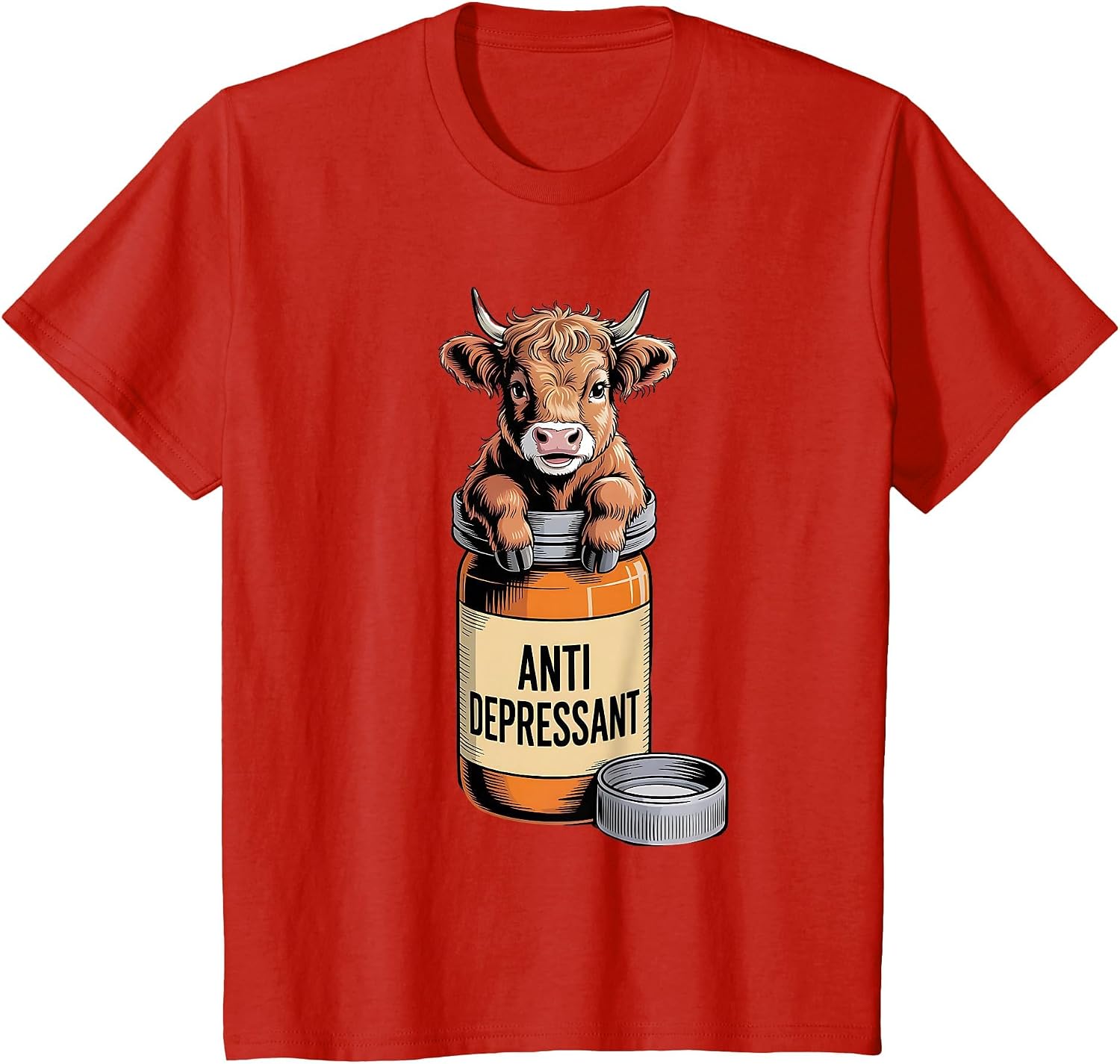 Baby Highland Cow in Pill Bottle Anti Depressant Humor Tee T-Shirt