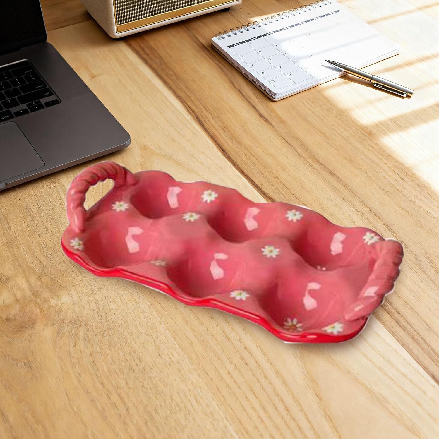 INOOMP Ceramic Egg Tray Container, 6 Cups Kitchen Egg Holder with Handle